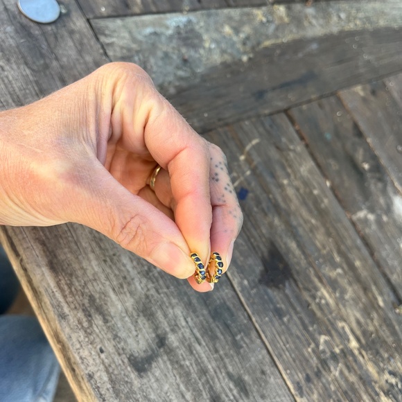 10k gold sapphire earrings natural blue hoop hoops huggies yellow minimalist 10k - Picture 9 of 16